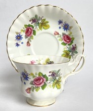 Pink Rose Berries Blue Floral Bone China Teacup and Saucer Vintage Royal Albert