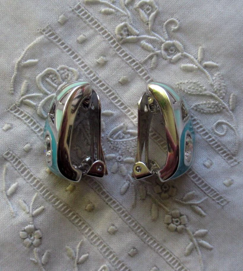 SILBERNE CREOLEN - OHRCLIPS - EMAILLIERT - TÜRKIS/GRÜN - WIE NEU - PIERRE LANG - Bild 3 von 4