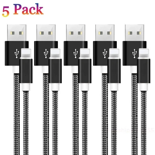 5 PACK 10 FT Heavy Duty Braided USB Charger Cable Cord For iPhone 13 12 11 X 8 7 - Picture 1 of 8