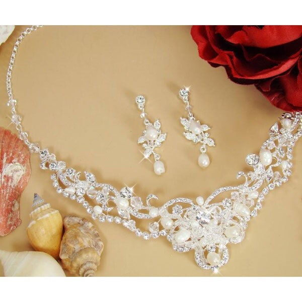 Freshwater Pearl Rhinestone Bridal Necklace and Earring Set Bridal
