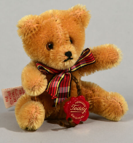 vintage Hermann Mohair mini teddy tanning brown bow original made in Germany - Picture 1 of 7