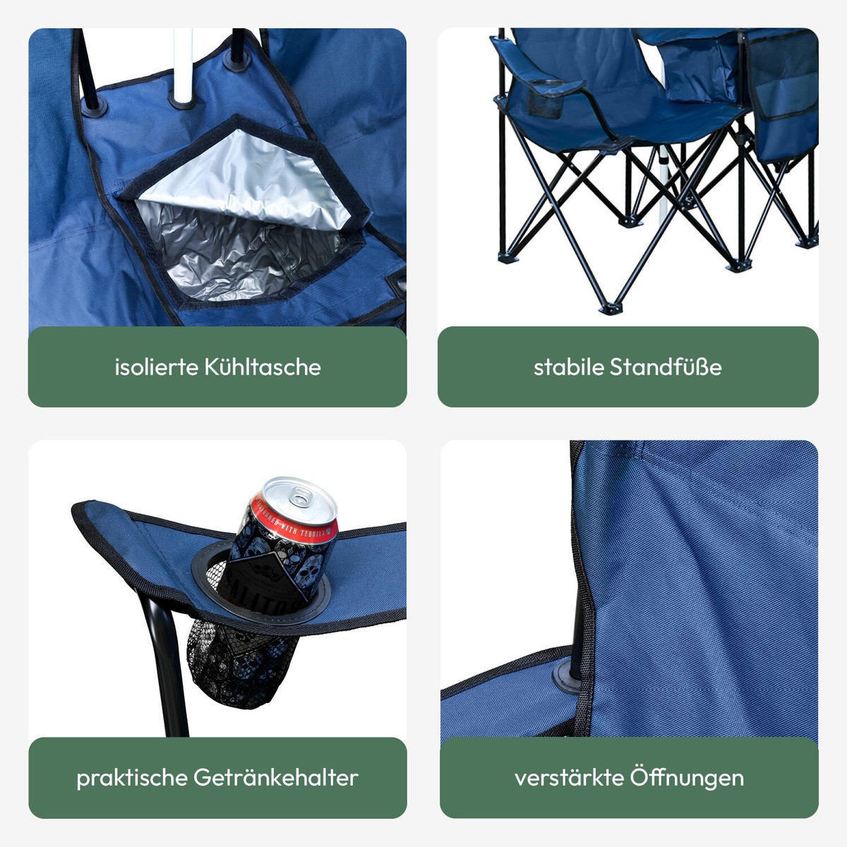 TRAVORA 2er Partner Camping Stuhl - Doppelsitzer Mit Sonnenschirm & Kühlfach