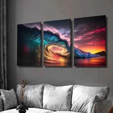 3pcs Sunset Over Colorful Stunning Waves Wall Art Canvas Framed 50x70cm