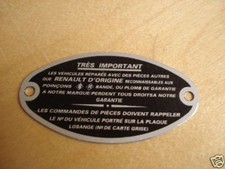 Typenschild Renault Schild plate s38 tres important Hinweisschild