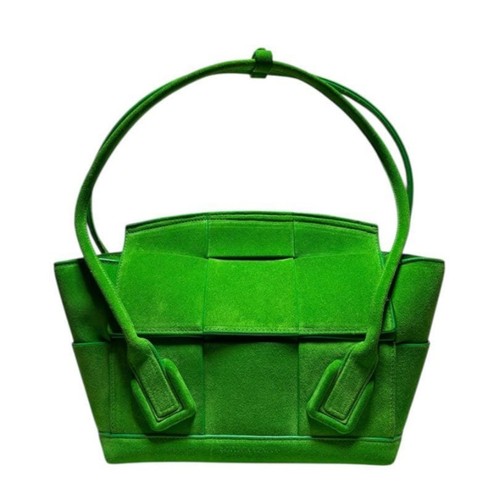 Auth Bottega Veneta Parakeet Green Suede Arco Tote Bag Woven Leather Handbag