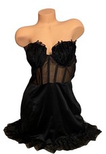 PRETTYLITTLETHING Black Shiny Satin Boned Sheer Ruffle Side Zip Nightie 10 NOS