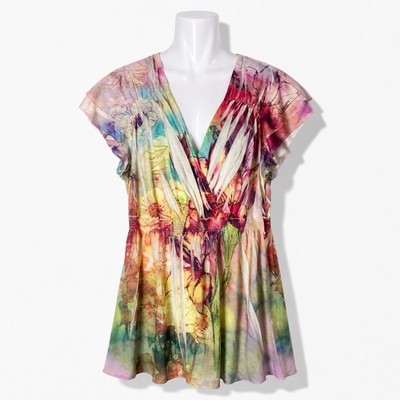 Y2K Notations Boho Top Sz M Short Sleeve Flutter Fairy Ethereal Colorful Lightw