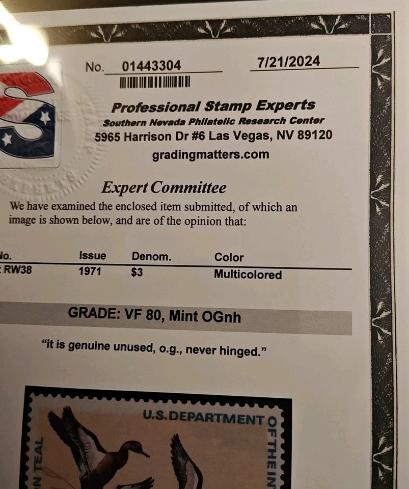 Certified PSE - ( VF ) 1971 US Federal Migratory Waterfowl Duck Stamp #RW38  - Image 3 of 4