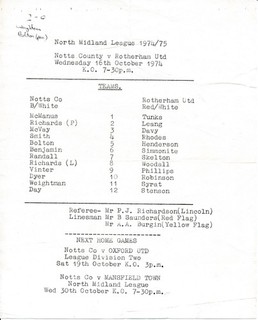 Notts County Reserves v Rotherham United (North Midlands League) 1974/1975