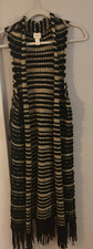 CHICOS Women Size 1 Farren Black Gold Long Open Striped Vest Duster With Fringe