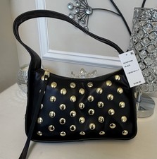 Steve Madden Black Studded Zip Shoulder Bag Gold Hardware Lined Inner Pockets
