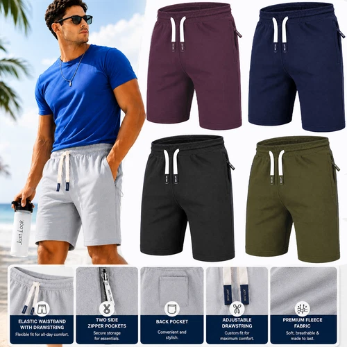 Mens Fleece Shorts with Zip Pockets Sweat Summer Jogger Plain Jersey Jogging New