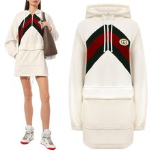 GUCCI VELVET DRESS LOGO PATCH HOODED w WEB LOGO $2,250 XS /Extra Small