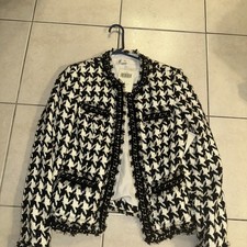 Boston Proper Sz 6 Womens Black Tweed Metallic Chain Link Houndstooth Blazer