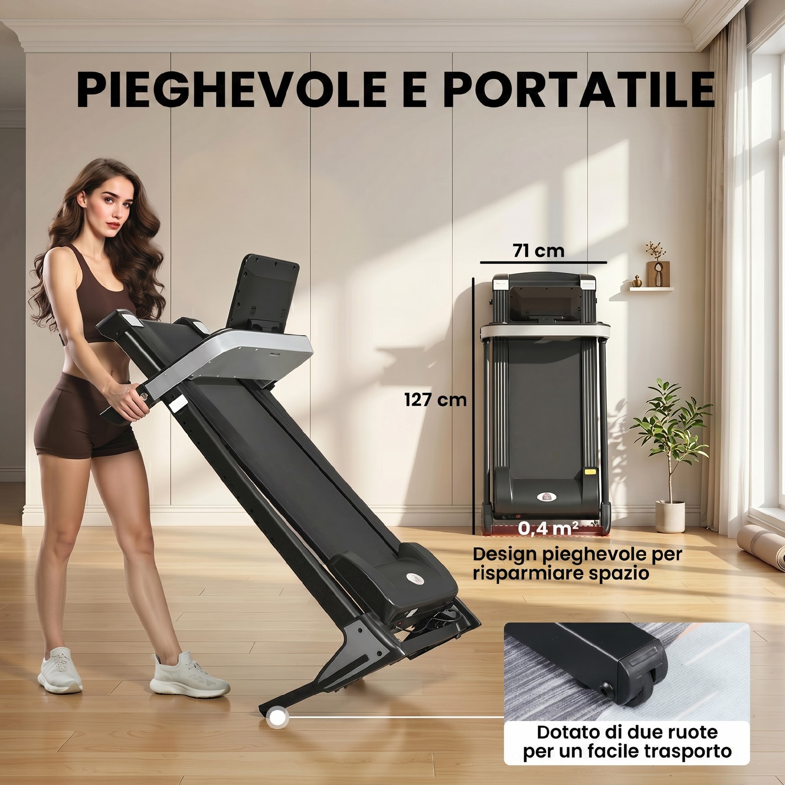 Tapis Roulant Elettrico Pieghevole 1-12km/h, Tapis Roulant Salvaspazio, Nero foto 5