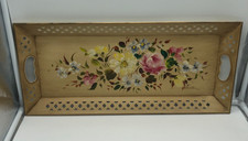vintage Nashco handpainted toleware metal lattice edge tray signed MCM