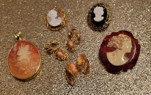 Vtg Lot Of 6 Cameo Costume Jewelry. Pins And Earrings. Please see photos!! Used