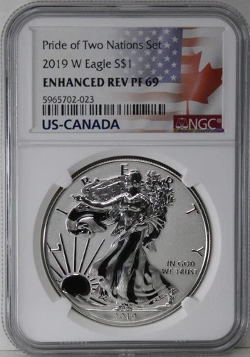 2019 W Pride of Two Nations Enhanced Reverse PF69 American Silver Eagle