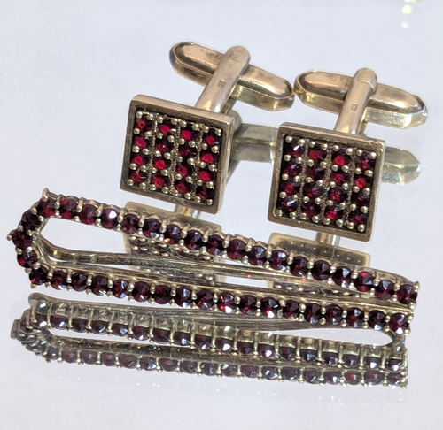 Mid Century Modernist 900 Silver Cuff Links & Tie Clip w/ Bohemian Garnets