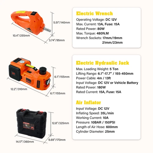 Electric Car Jack 5 Ton 12V Hydraulic Floor Jack w/Impact Wrench &Inflator Pump - Picture 2 of 14
