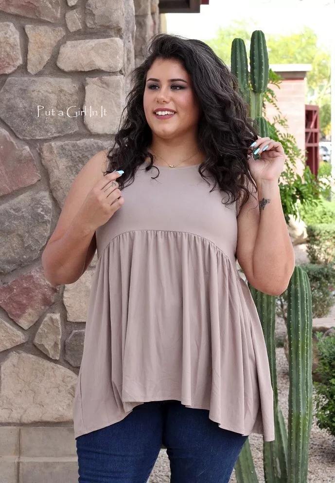 New PLUS SIZE Womens BUTTERY SOFT TAUPE BABYDOLL TANK TOP TUNIC SHIRT 1X 2X  3X