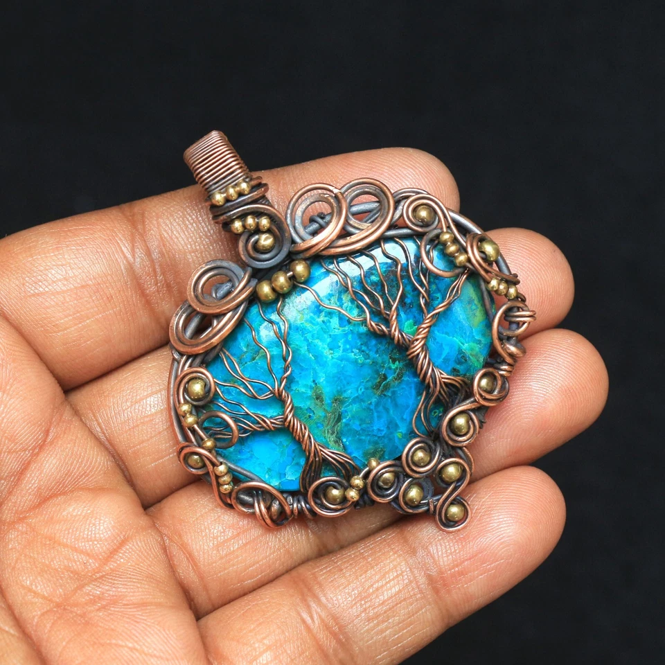 Colgante de crisocola de dos árboles envoltura de alambre de cobre piedras preciosas joyería regalo para ella N400 Foto 4 de 4