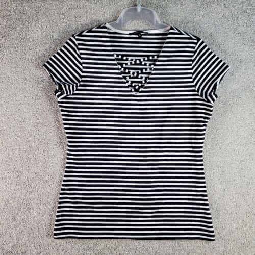 PORTMANS Top Blouse Womens Small Black White Cap Sleeve Striped V-Neck Ladies - Picture 1 of 14