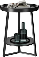 Gadroad Round End Table with Storage Shelf, 2 Tier Farmhouse Side Black 