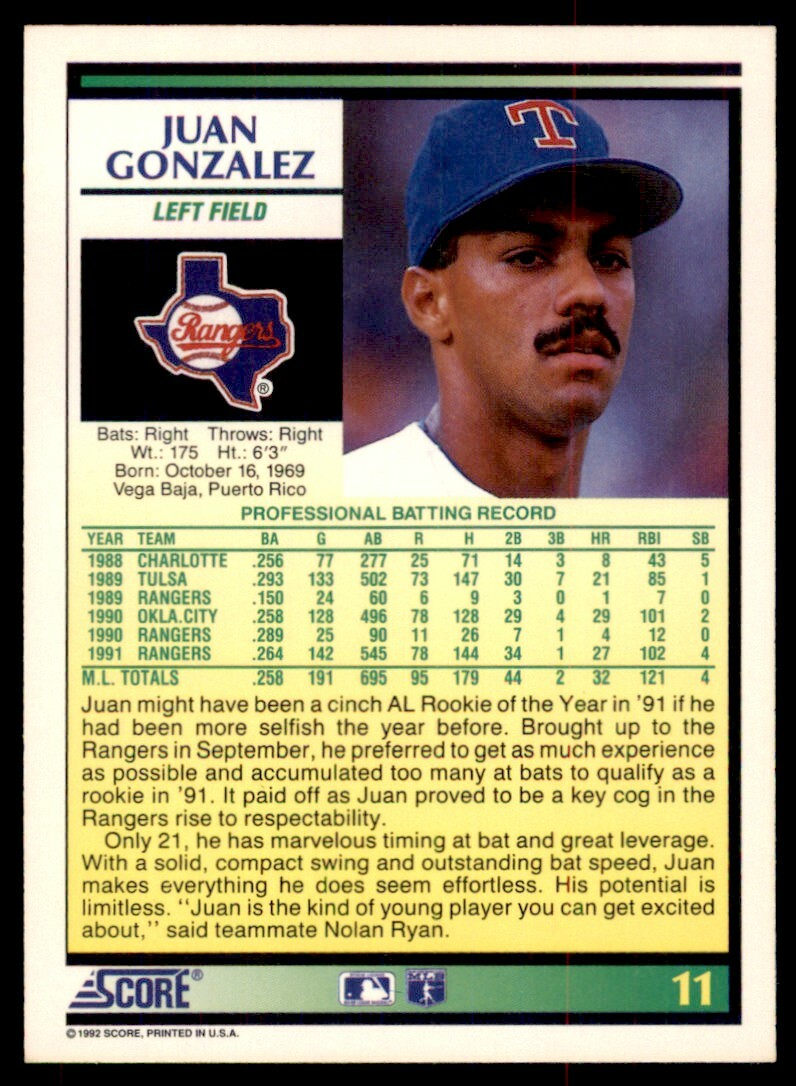 1992 Score 11 Juan Gonzalez PP1Kuy eBay