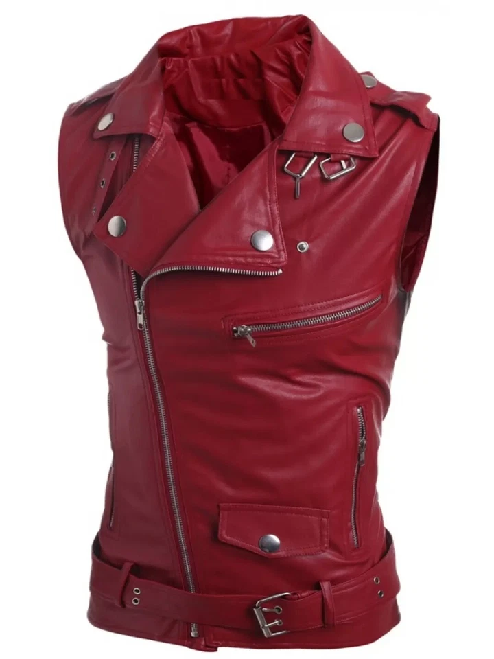 Leather Vest Jacket Motorcycle Biker Women Style Womens Waist Western Red 25 - Image 2 of 4