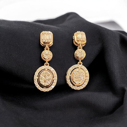 Pave 1.25 TCW Round Baguette Cut Diamonds Dangle Earrings Hallmark 14K Rose Gold - Picture 3 of 15