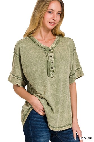 Lt Olive Zenana Raw Edge Detailed Button Closure Top with Scoop Neck