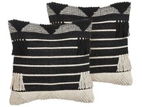 Dekokissen 2Er Set Beige/Schwarz Mit Fransen 50X50 Cm Geometrisch Chittoor