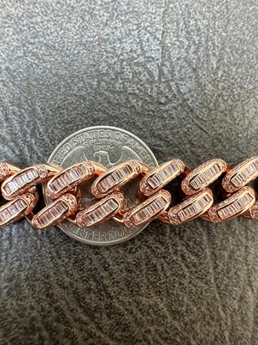 Mens Miami Cuban Link Bracelet Real 14k Rose Gold 925 Silver Baguette CZ Hip Hop - Picture 14 of 24