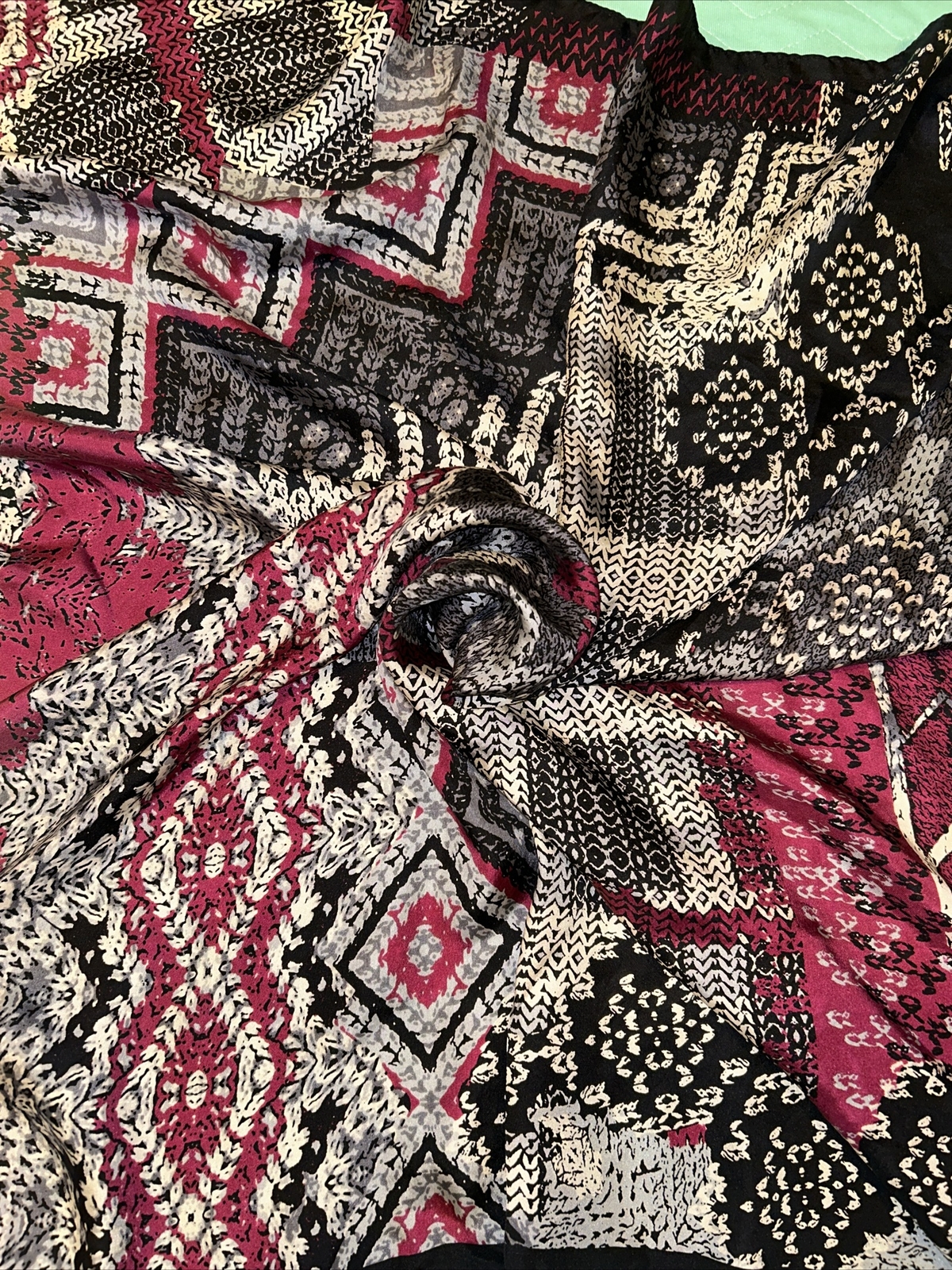 Adrienne Landau Studio 33” Square Luxurious Silk Scarf Black Grey Burgundy