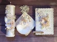Beautiful 5 Pcs Baptism Candle Set Ivory Baptism Set, Baptism Spanish Candle Set