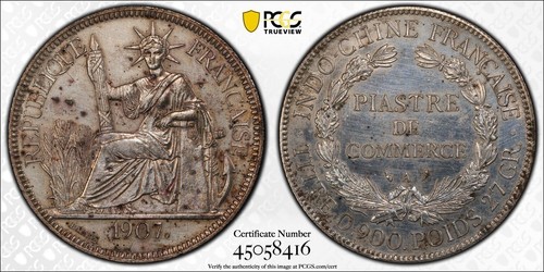 F073 FRENCH INDO-CHINA.  1907-A Piastre Lec-290 PCGS Genuine AU Details