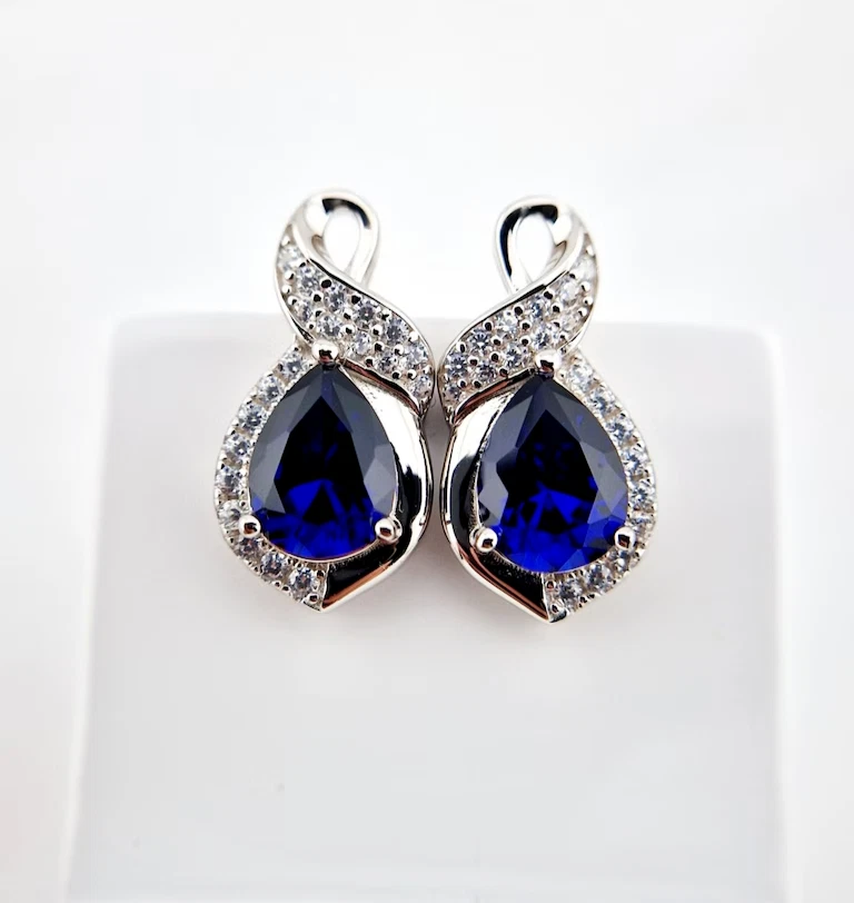 Anillo Pendientes y Colgantes Joyería Conjunto Nupcial Corte Pera Zafiro Creado Laboratorio Foto 4 de 4