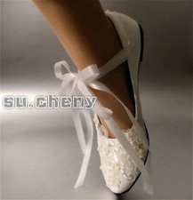 su.cheny Ivory white lace pearl ribbon flats pump Wedding Bridal shoes size 5-13