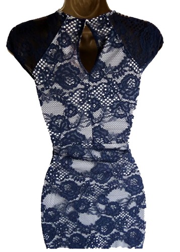 Lipsy Bodycon Wrap Lace Dress 16 Navy Blue Cream Party Evening Occasion Wedding - Picture 20 of 21