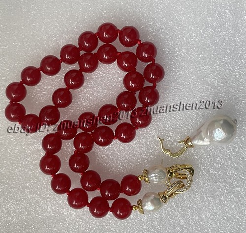 10mm Round Red Jade Gems Beads & White Baroque Keshi Pearl Pendant Necklace 18" - Picture 8 of 8