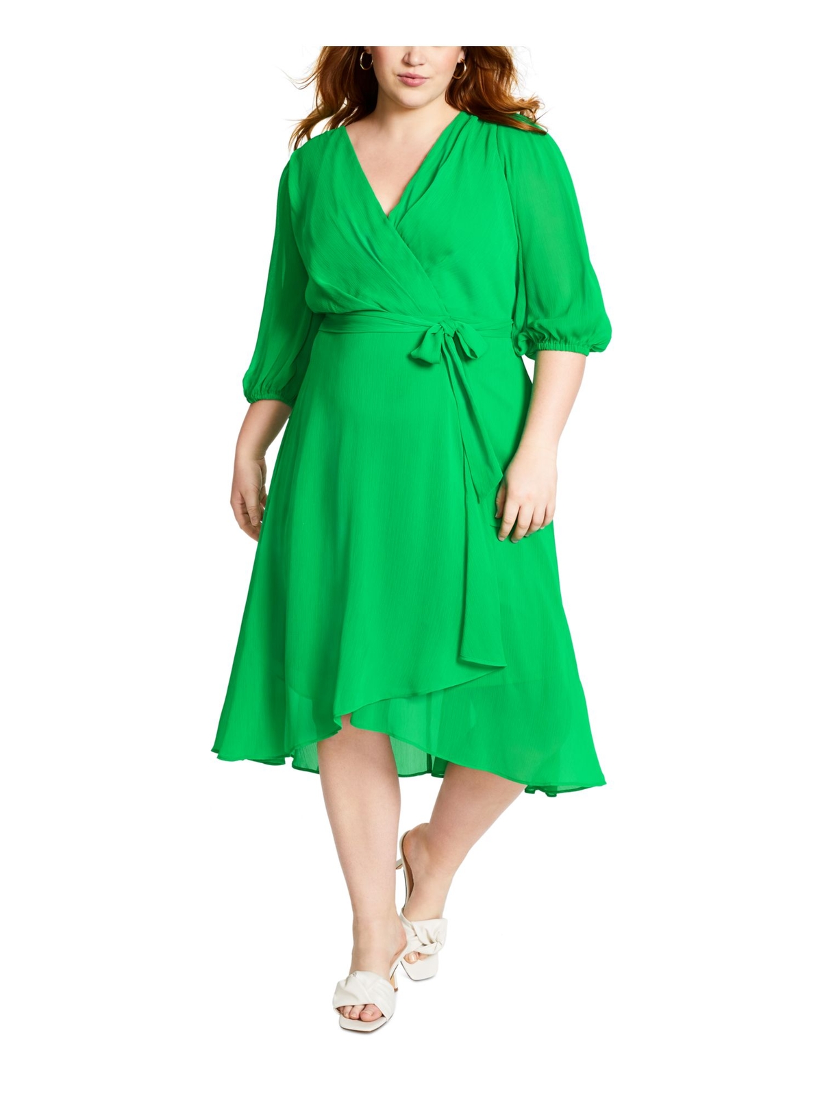 Женское миди-платье DKNY с зеленым галстуком на талии и рукавами-баллонами на подкладке плюс 22 Вт