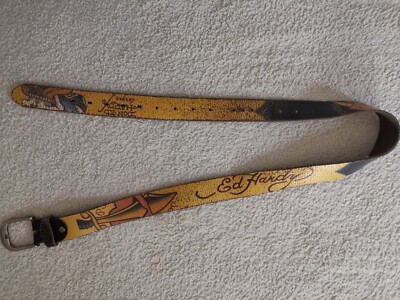 ''Ed Hardy'' Gürtel Strass Nieten Tiger XL - 125 cm  Gelb Braun Leder