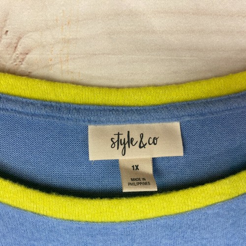 Style&Co Top Womens 1X Blue Long Sleeve T-Shirt Scoop Neck Color Block Knit - Picture 3 of 7