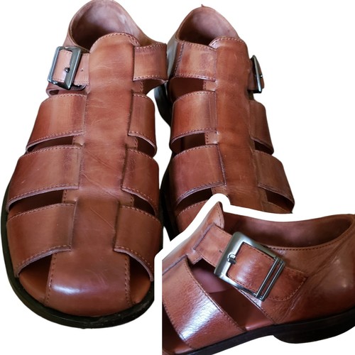 Johnston & Murphy Leather Flat Sandals Men 10 Fisherman Closed Toe Buckle Brown