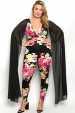 Womens Plus Size Black Floral Jumpsuit 1XL Bodycon Sheer Black Sleeves