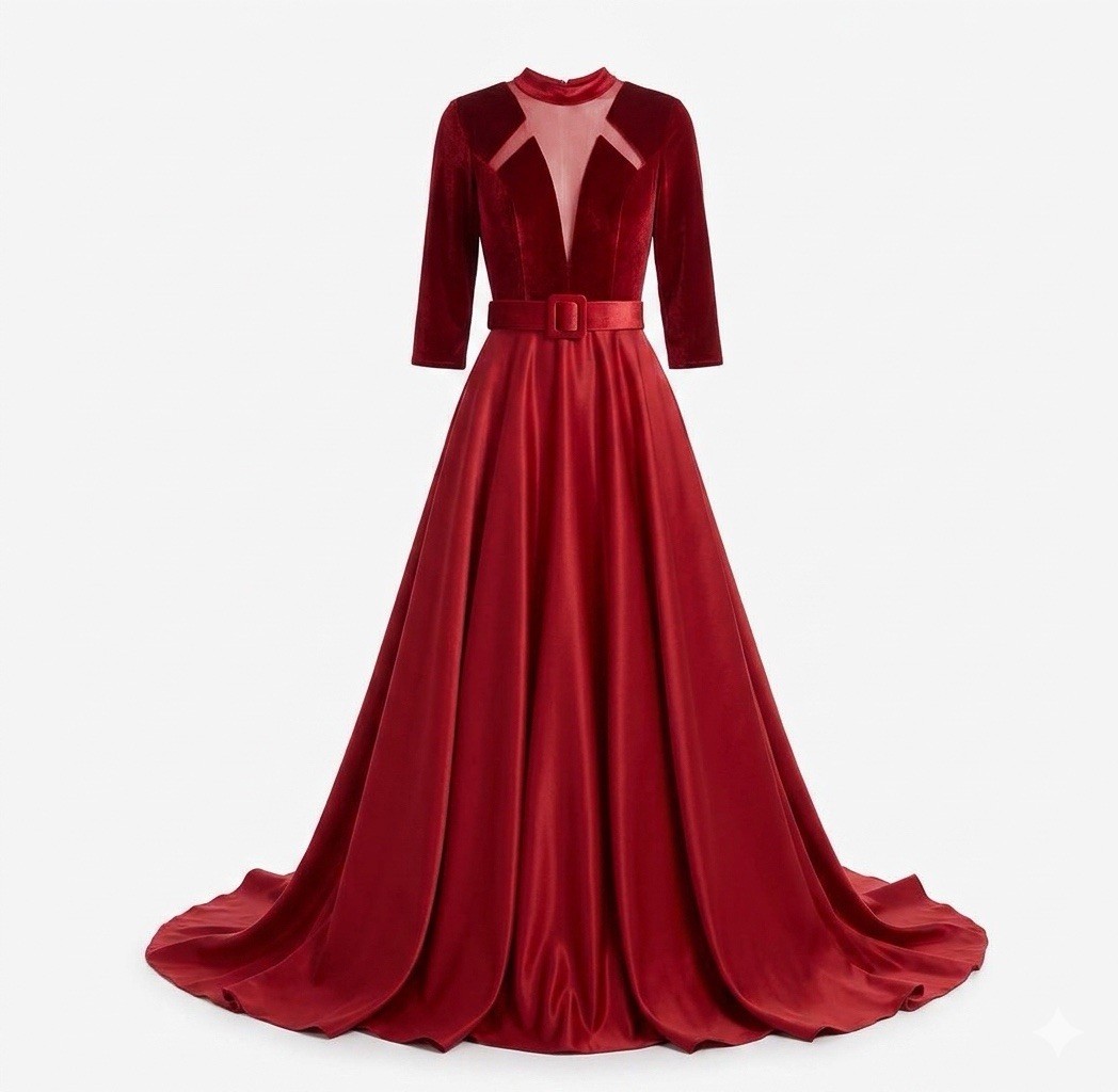 Fit & flare belted gown red sz 2 modest red carpet prom dress