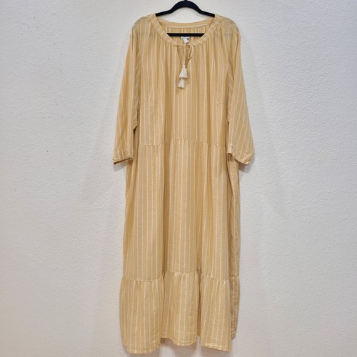 D&Co 4X Butter Yellow Stripe Maxi Dress Long Sleeve Linen Blend Boho Beachy