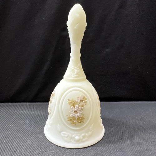 Fenton Custard  Signed Medallion Bell Hand Painted Flowers Uranium Vaseline