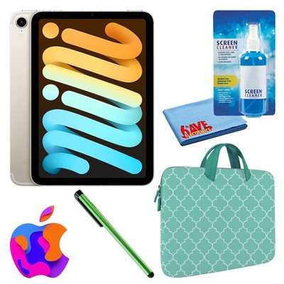 Apple iPad Mini 6 (64GB, Cellular, Starlight) Bundle with Mint Moroccan Sleeve